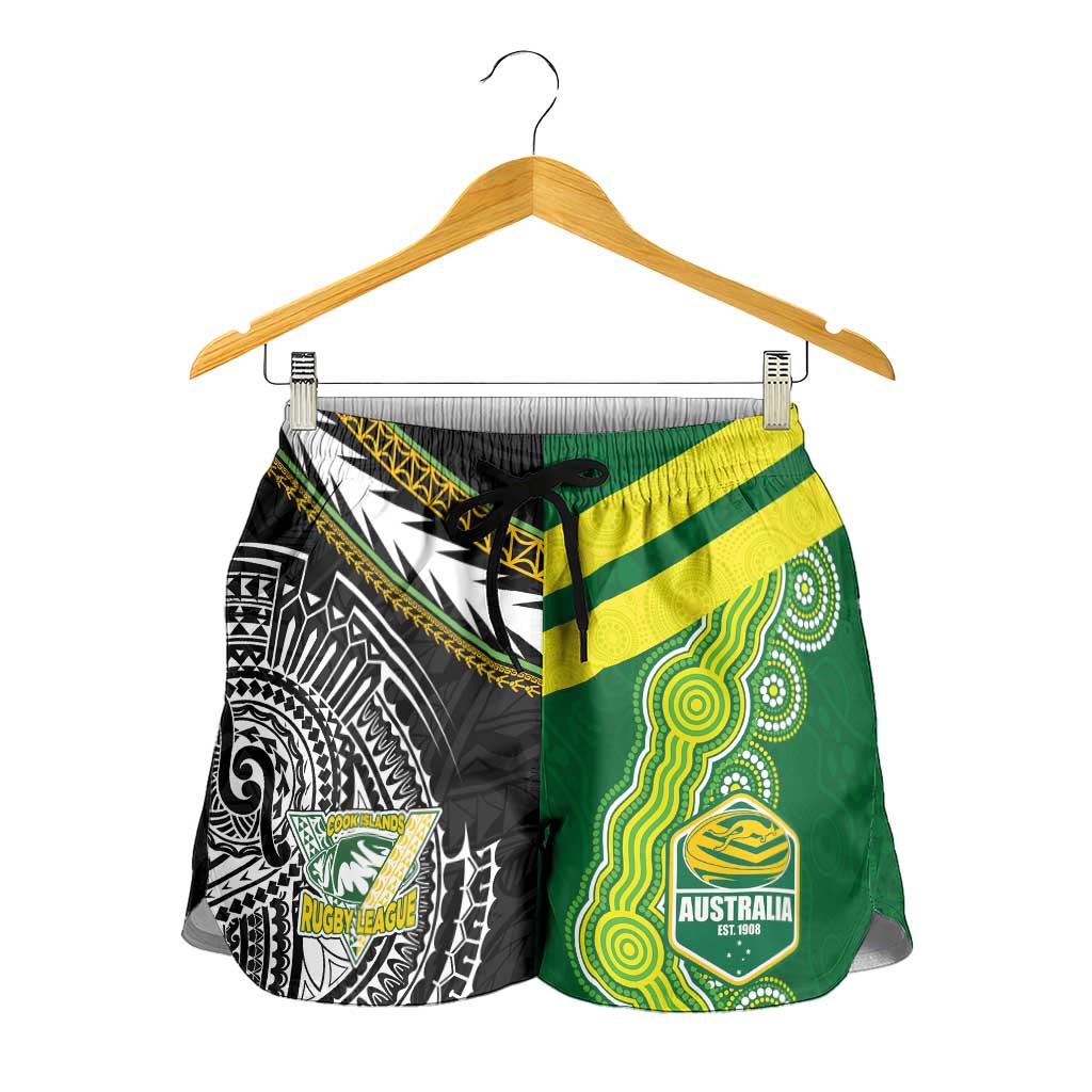 Cook Islands and Australia Rugby Shorts for Women Tatau Tribal with Aboriginal Chevron Sport Style