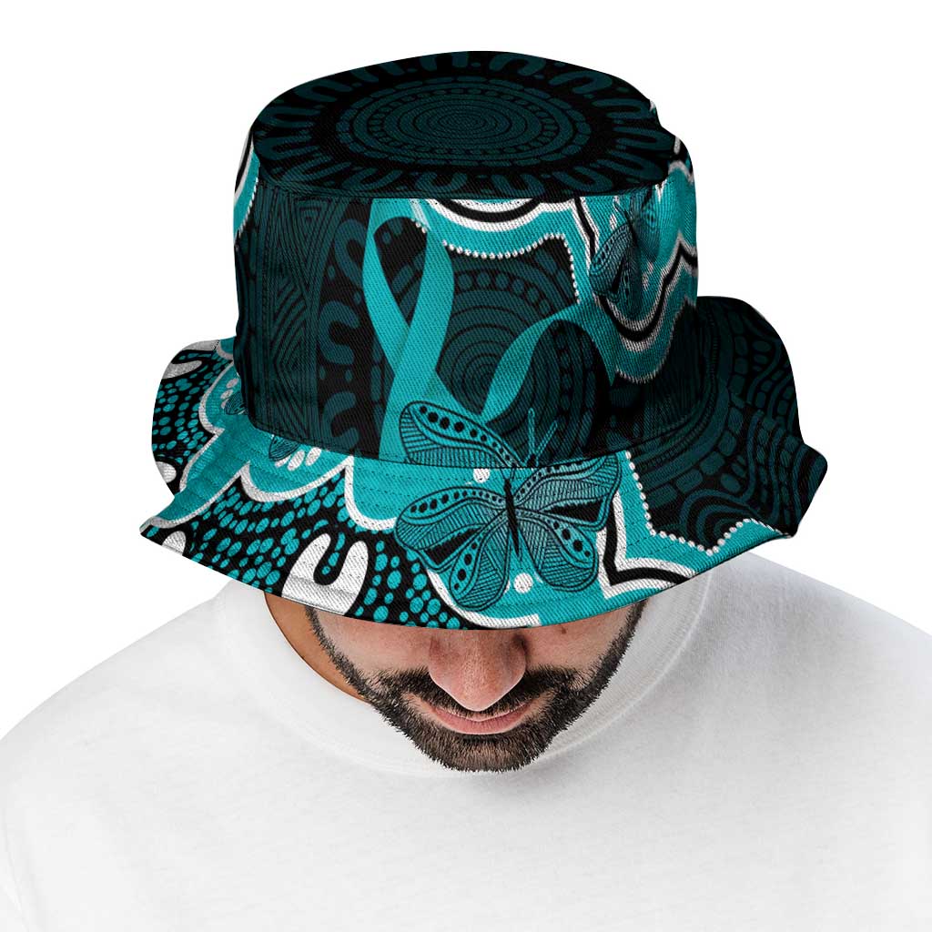 Cyan Ribbon PTSD Awareness Month Bucket Hat Aboriginal Art - Aussie Hoodie