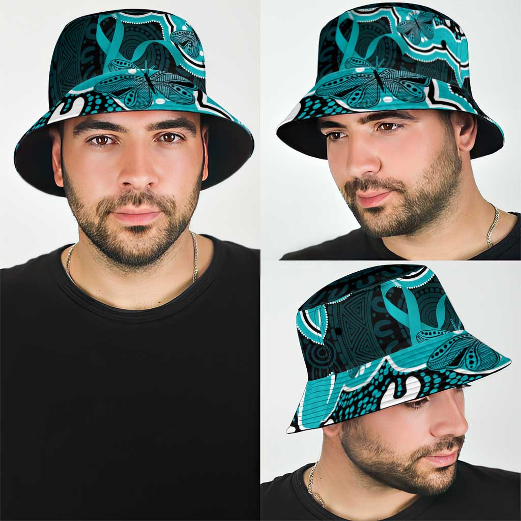 Cyan Ribbon PTSD Awareness Month Bucket Hat Aboriginal Art - Aussie Hoodie