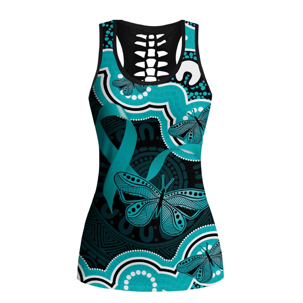 Cyan Ribbon PTSD Awareness Month Hollow Tank Top Aboriginal Art - Aussie Hoodie