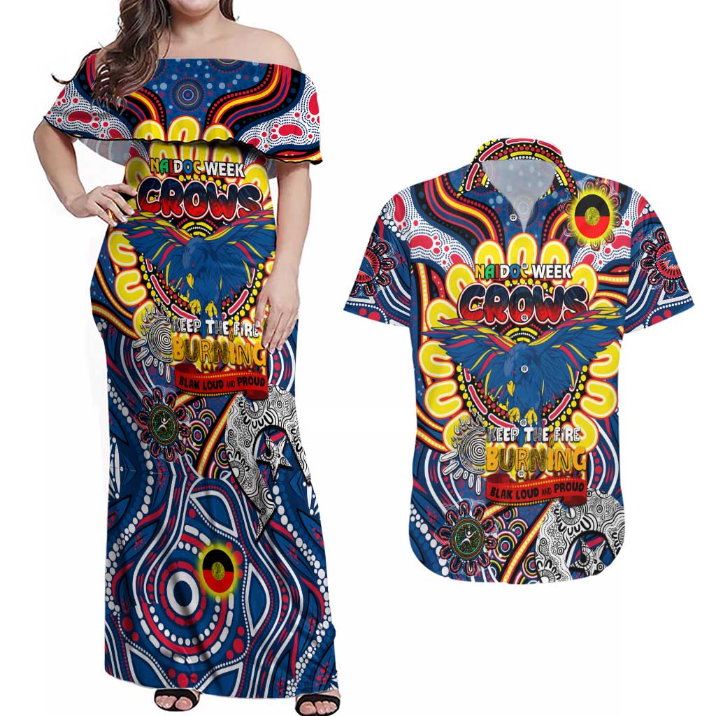Custom Adelaide Crows NAIDOC Week 2024 Couples Matching Off Shoulder Maxi Dress and Hawaiian Shirt Mascot Football
