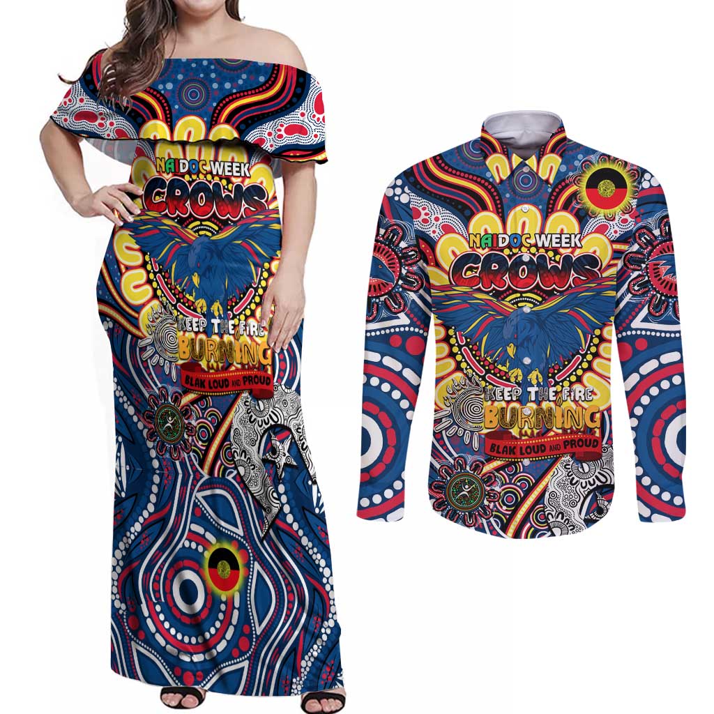 Custom Adelaide Crows NAIDOC Week 2024 Couples Matching Off Shoulder Maxi Dress and Long Sleeve Button Shirt Mascot Football
