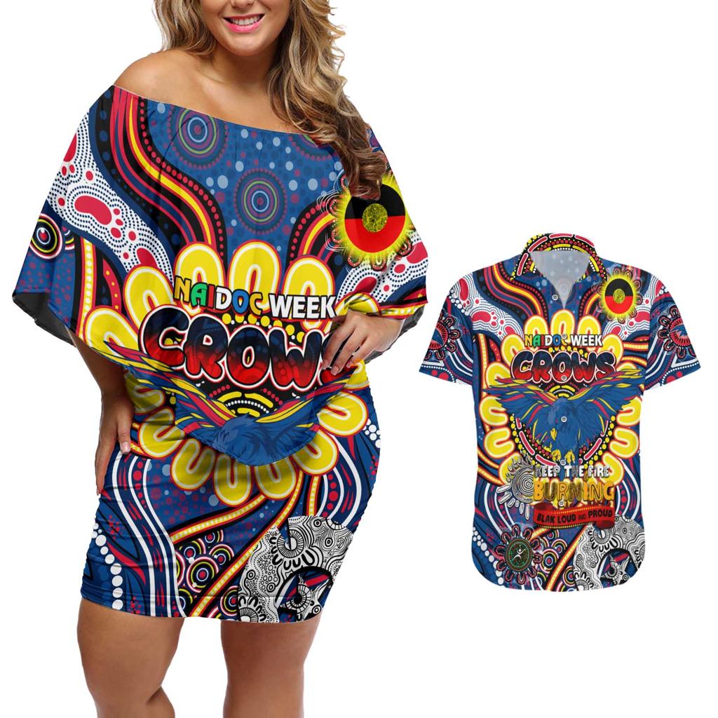Custom Adelaide Crows NAIDOC Week 2024 Couples Matching Off Shoulder Short Dress and Hawaiian Shirt Mascot Football