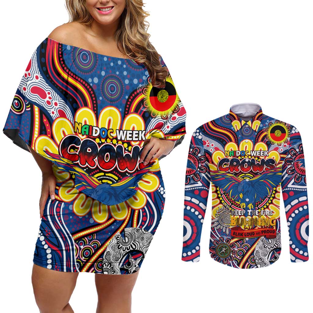 Custom Adelaide Crows NAIDOC Week 2024 Couples Matching Off Shoulder Short Dress and Long Sleeve Button Shirt Mascot Football