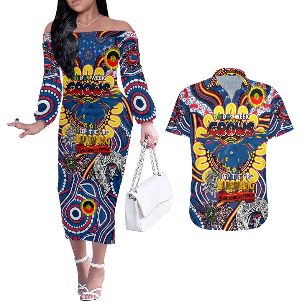Custom Adelaide Crows NAIDOC Week 2024 Couples Matching Off The Shoulder Long Sleeve Dress and Hawaiian Shirt Mascot Football