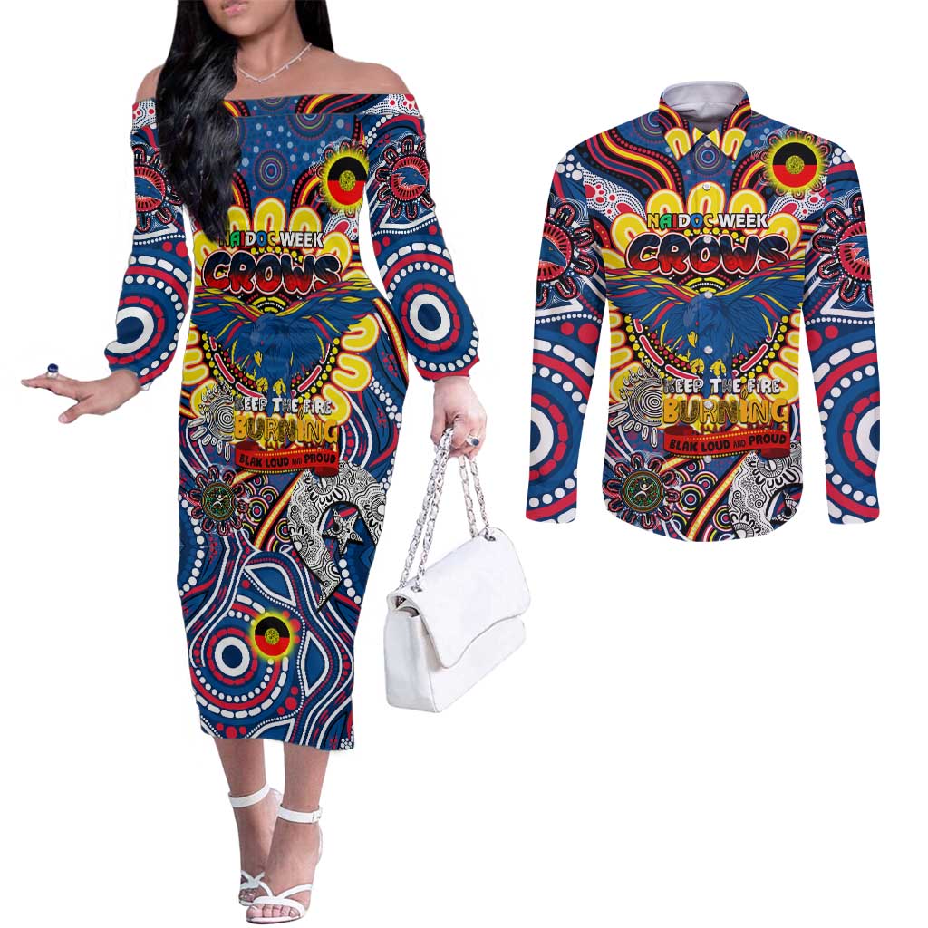 Custom Adelaide Crows NAIDOC Week 2024 Couples Matching Off The Shoulder Long Sleeve Dress and Long Sleeve Button Shirt Mascot Football