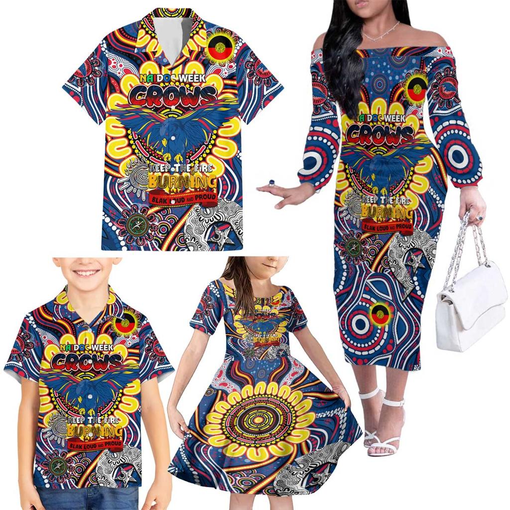 Custom Adelaide Crows NAIDOC Week 2024 Family Matching Off The Shoulder Long Sleeve Dress and Hawaiian Shirt Mascot Football
