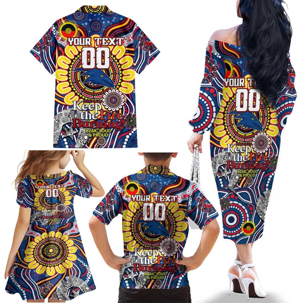 Custom Adelaide Crows NAIDOC Week 2024 Family Matching Off The Shoulder Long Sleeve Dress and Hawaiian Shirt Mascot Football