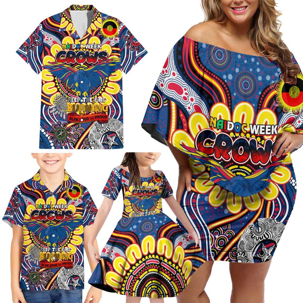 Custom Adelaide Crows NAIDOC Week 2024 Family Matching Off Shoulder Short Dress and Hawaiian Shirt Mascot Football