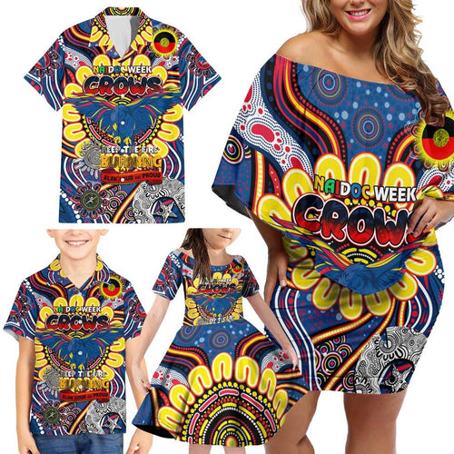 Custom Adelaide Crows NAIDOC Week 2024 Family Matching Off Shoulder Short Dress and Hawaiian Shirt Mascot Football