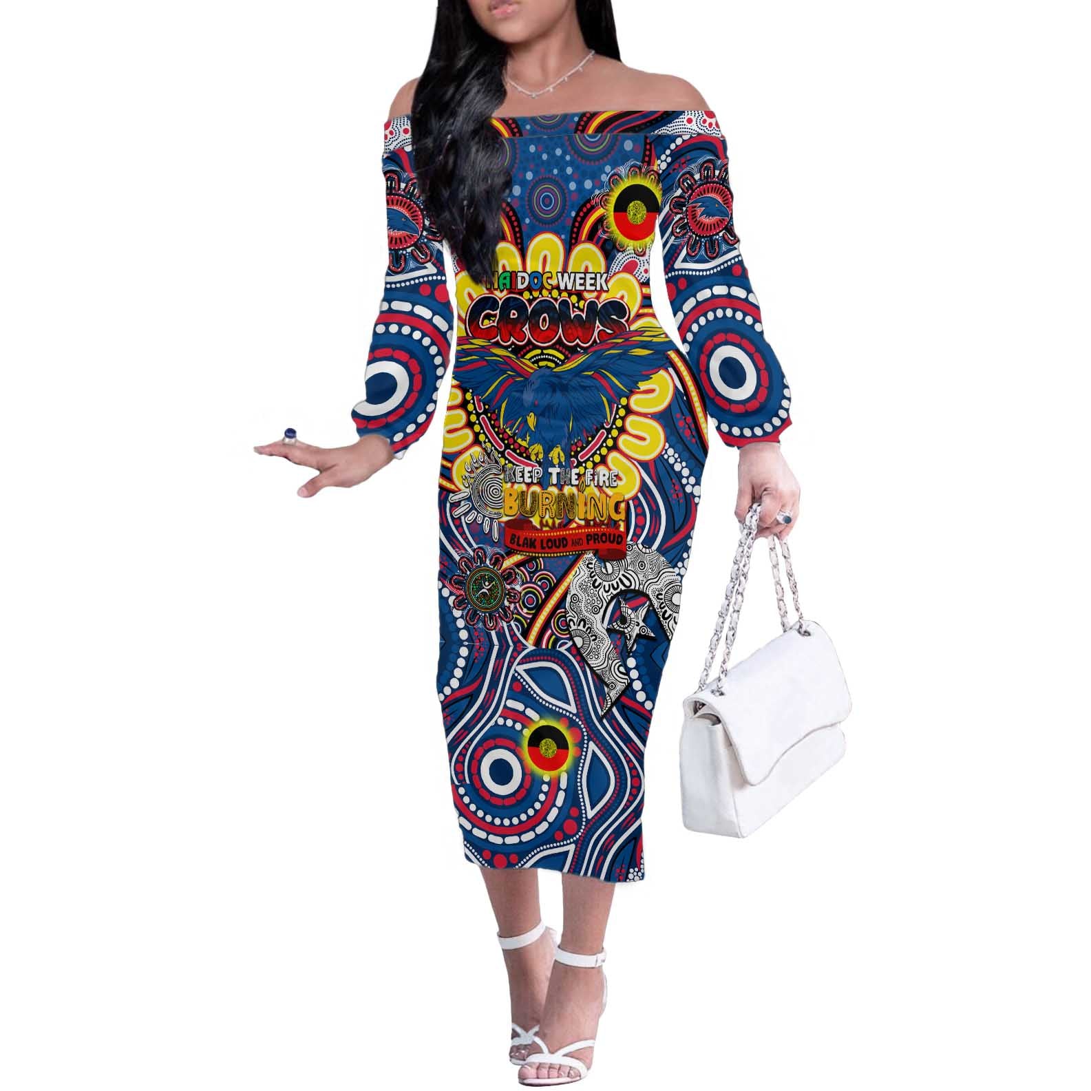 Custom Adelaide Crows NAIDOC Week 2024 Off The Shoulder Long Sleeve Dress Mascot Football