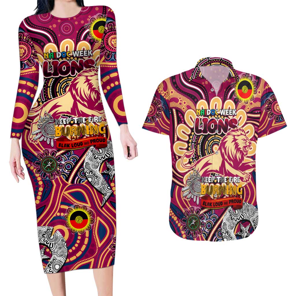 Custom Brisbane Lions NAIDOC Week 2024 Couples Matching Long Sleeve Bodycon Dress and Hawaiian Shirt Mascot Football