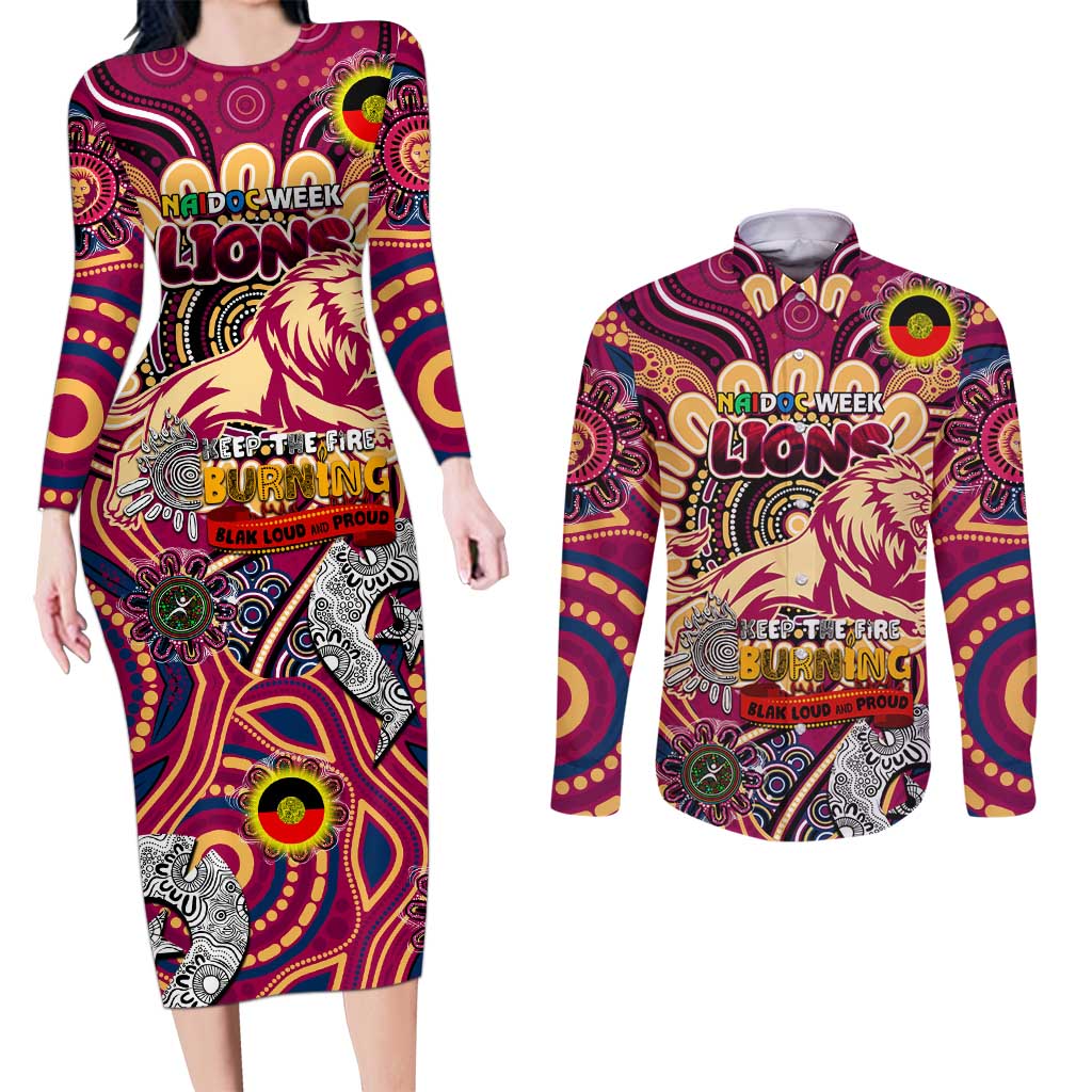 Custom Brisbane Lions NAIDOC Week 2024 Couples Matching Long Sleeve Bodycon Dress and Long Sleeve Button Shirt Mascot Football