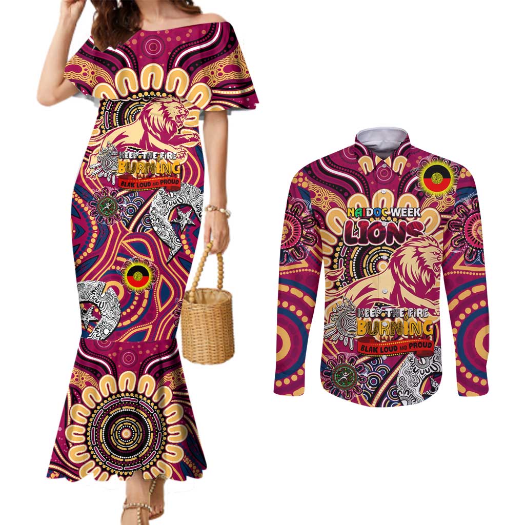 Custom Brisbane Lions NAIDOC Week 2024 Couples Matching Mermaid Dress and Long Sleeve Button Shirt Mascot Football