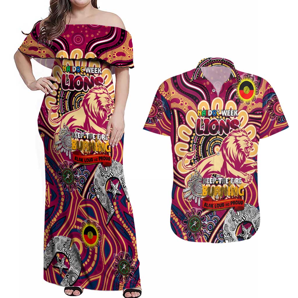 Custom Brisbane Lions NAIDOC Week 2024 Couples Matching Off Shoulder Maxi Dress and Hawaiian Shirt Mascot Football