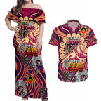 Custom Brisbane Lions NAIDOC Week 2024 Couples Matching Off Shoulder Maxi Dress and Hawaiian Shirt Mascot Football