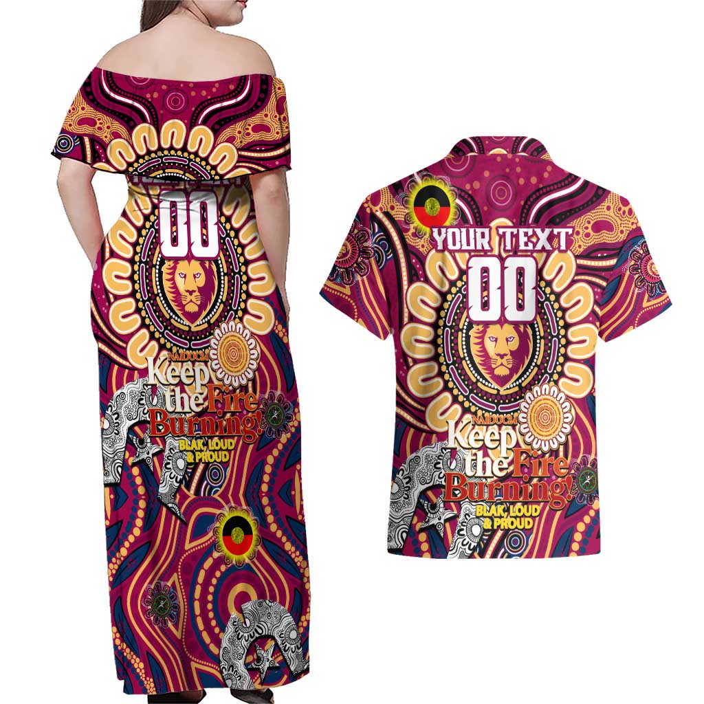 Custom Brisbane Lions NAIDOC Week 2024 Couples Matching Off Shoulder Maxi Dress and Hawaiian Shirt Mascot Football