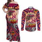 Custom Brisbane Lions NAIDOC Week 2024 Couples Matching Off Shoulder Maxi Dress and Long Sleeve Button Shirt Mascot Football