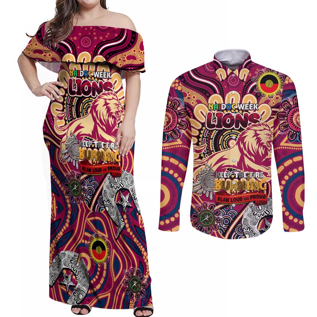 Custom Brisbane Lions NAIDOC Week 2024 Couples Matching Off Shoulder Maxi Dress and Long Sleeve Button Shirt Mascot Football