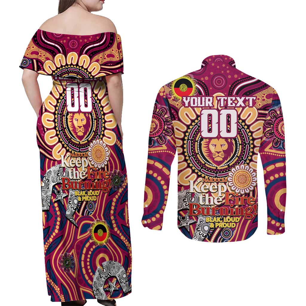 Custom Brisbane Lions NAIDOC Week 2024 Couples Matching Off Shoulder Maxi Dress and Long Sleeve Button Shirt Mascot Football