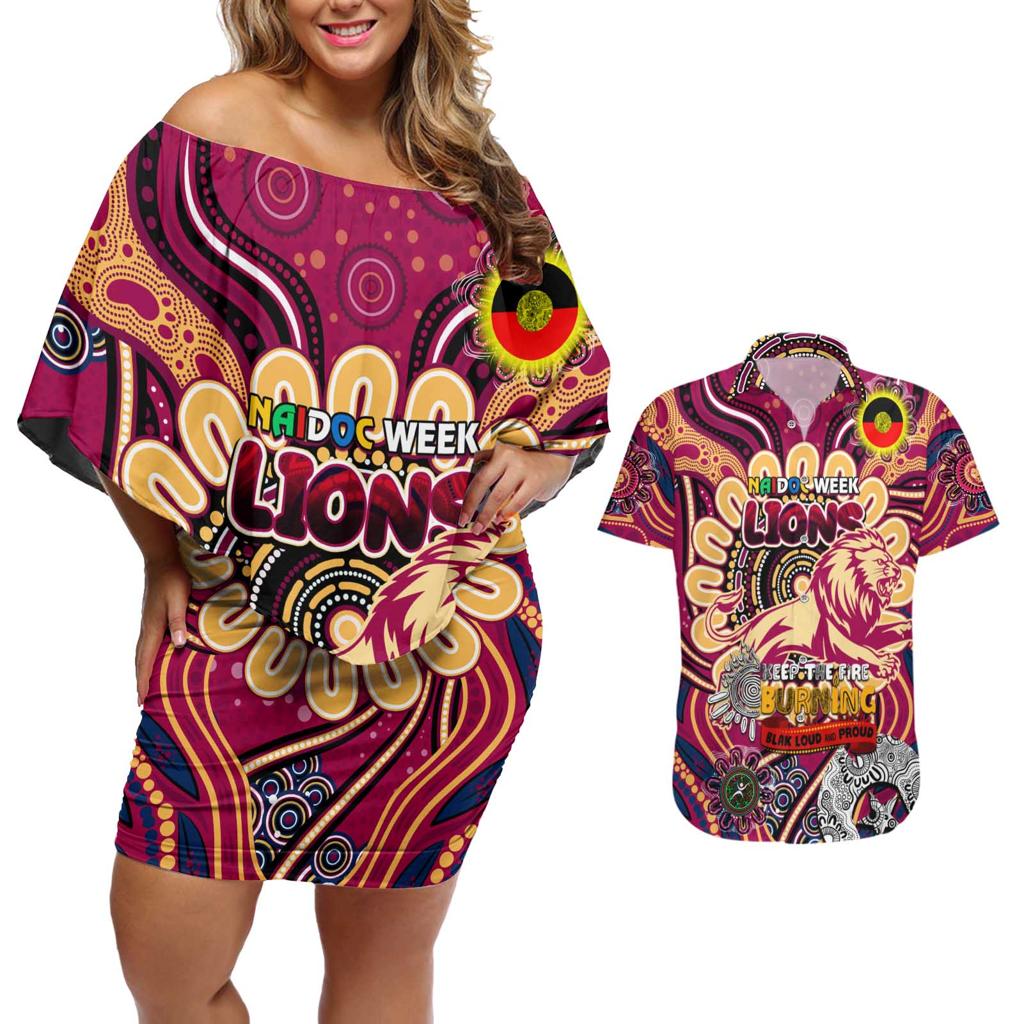 Custom Brisbane Lions NAIDOC Week 2024 Couples Matching Off Shoulder Short Dress and Hawaiian Shirt Mascot Football