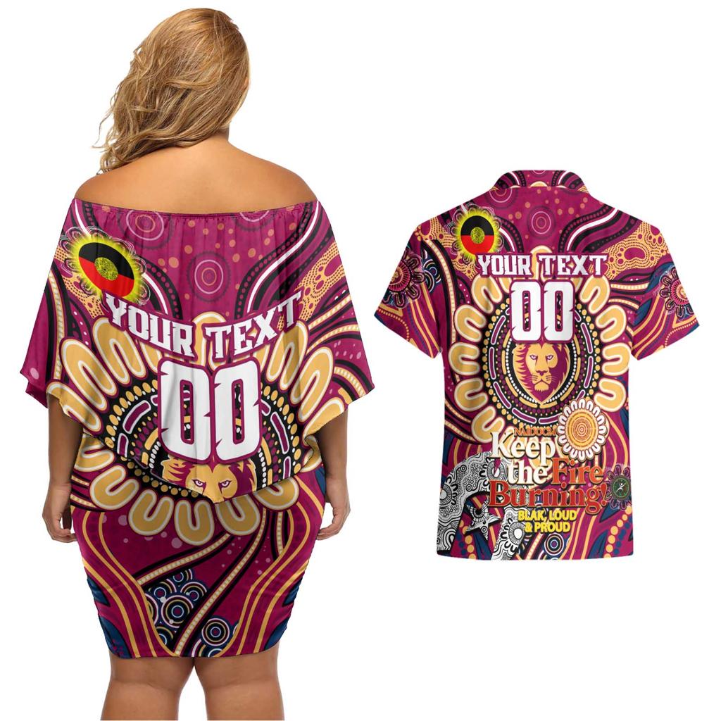 Custom Brisbane Lions NAIDOC Week 2024 Couples Matching Off Shoulder Short Dress and Hawaiian Shirt Mascot Football