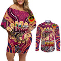 Custom Brisbane Lions NAIDOC Week 2024 Couples Matching Off Shoulder Short Dress and Long Sleeve Button Shirt Mascot Football