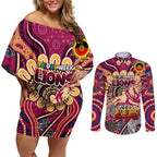 Custom Brisbane Lions NAIDOC Week 2024 Couples Matching Off Shoulder Short Dress and Long Sleeve Button Shirt Mascot Football