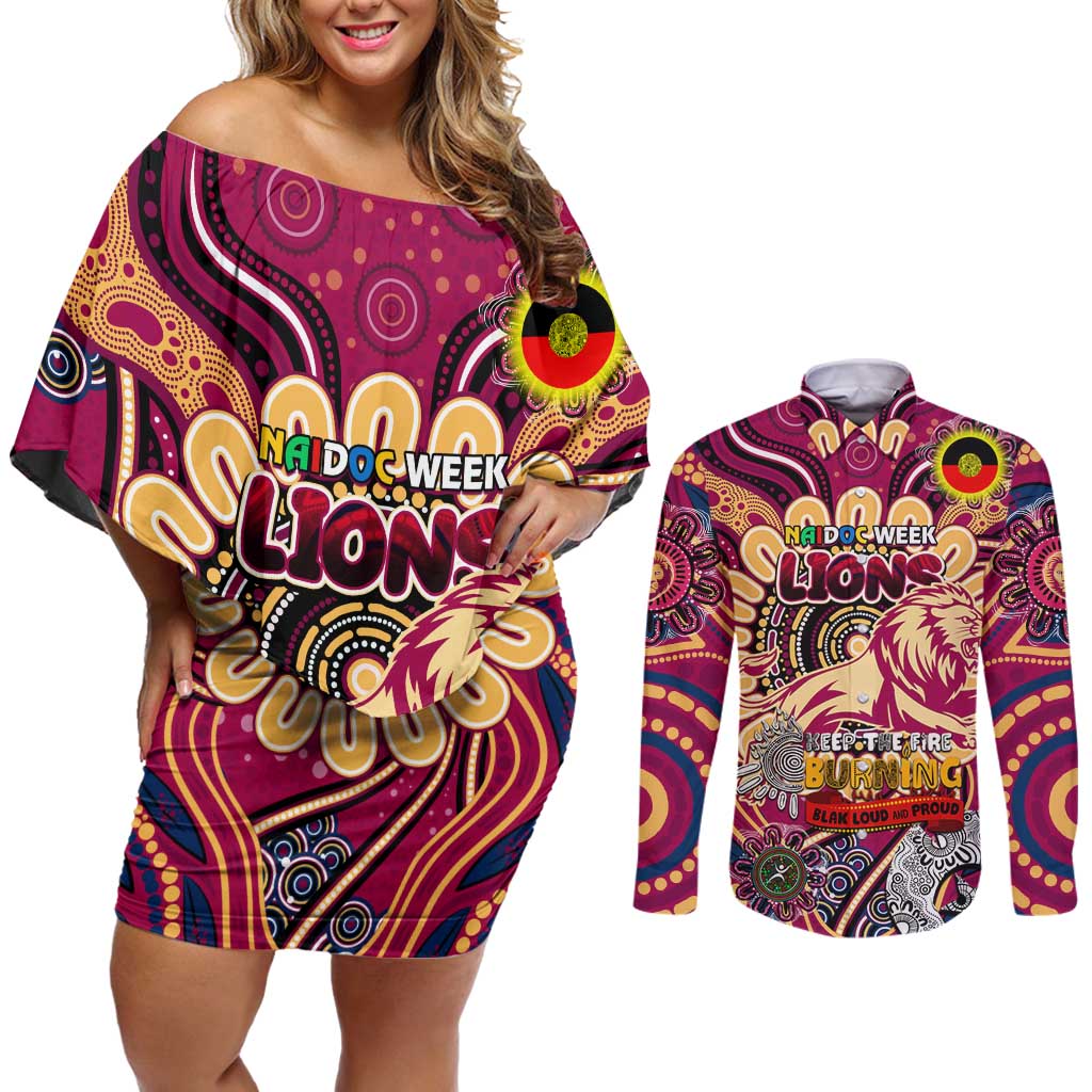 Custom Brisbane Lions NAIDOC Week 2024 Couples Matching Off Shoulder Short Dress and Long Sleeve Button Shirt Mascot Football