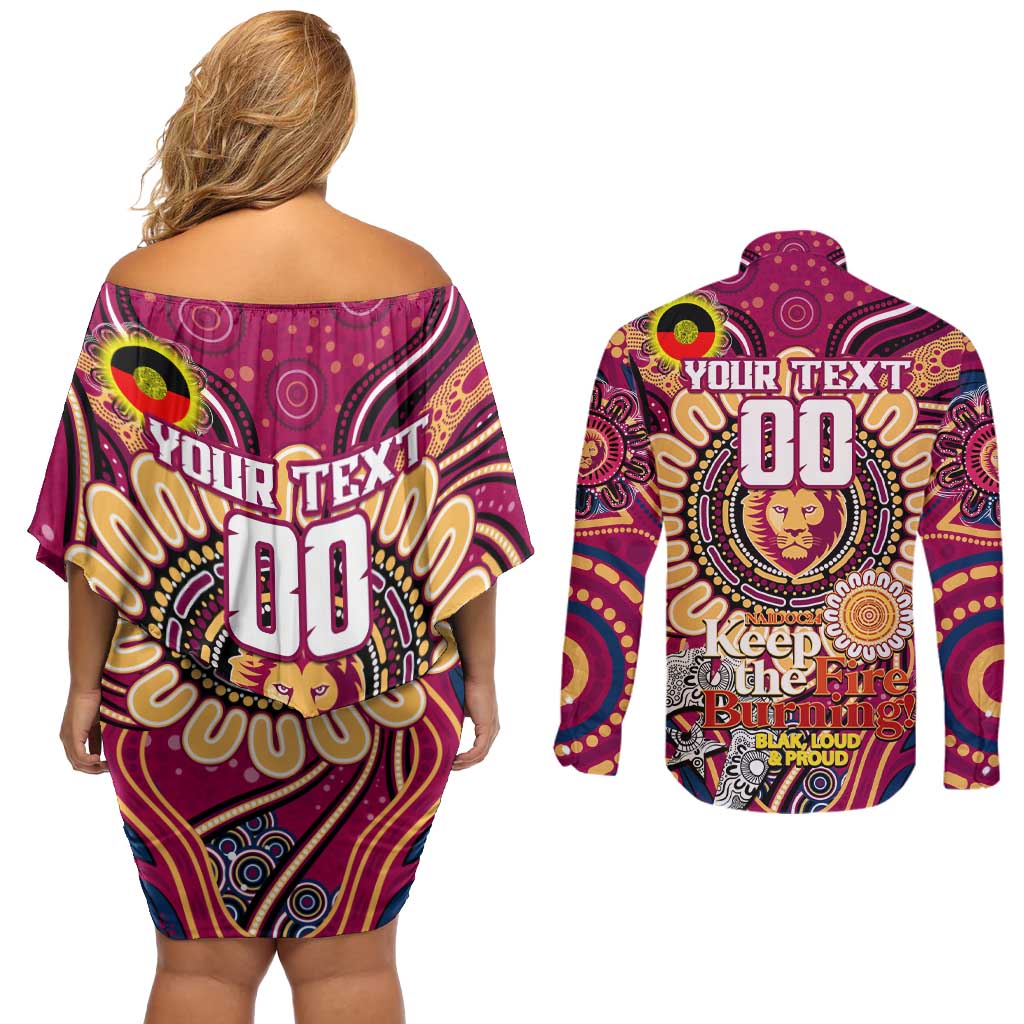 Custom Brisbane Lions NAIDOC Week 2024 Couples Matching Off Shoulder Short Dress and Long Sleeve Button Shirt Mascot Football