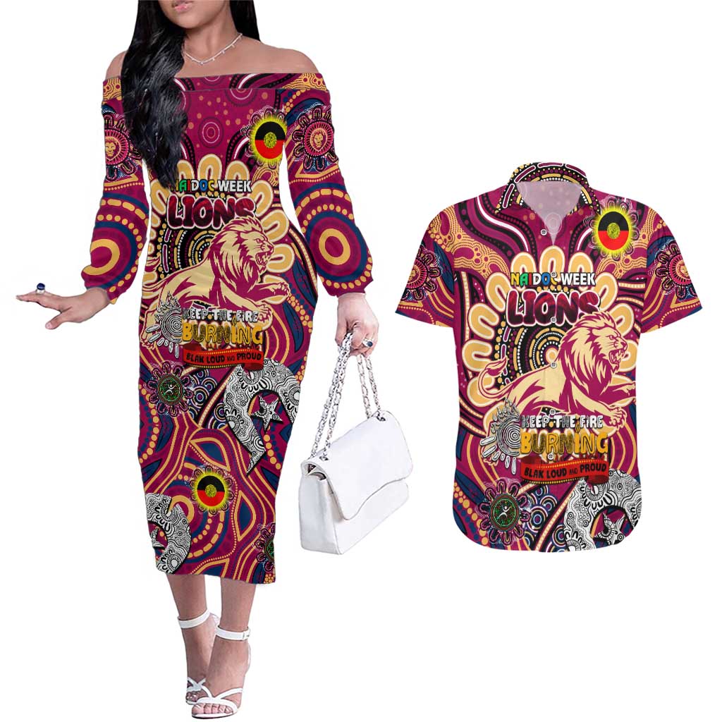 Custom Brisbane Lions NAIDOC Week 2024 Couples Matching Off The Shoulder Long Sleeve Dress and Hawaiian Shirt Mascot Football