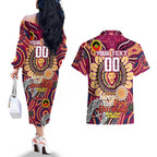 Custom Brisbane Lions NAIDOC Week 2024 Couples Matching Off The Shoulder Long Sleeve Dress and Hawaiian Shirt Mascot Football