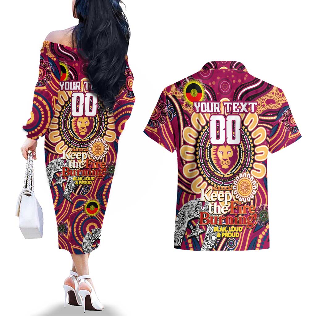 Custom Brisbane Lions NAIDOC Week 2024 Couples Matching Off The Shoulder Long Sleeve Dress and Hawaiian Shirt Mascot Football