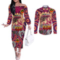 Custom Brisbane Lions NAIDOC Week 2024 Couples Matching Off The Shoulder Long Sleeve Dress and Long Sleeve Button Shirt Mascot Football