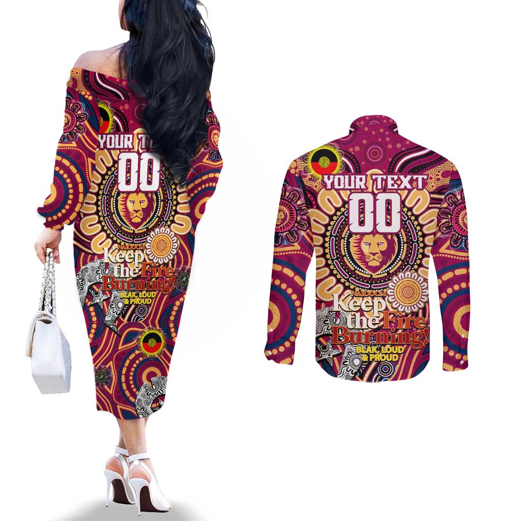 Custom Brisbane Lions NAIDOC Week 2024 Couples Matching Off The Shoulder Long Sleeve Dress and Long Sleeve Button Shirt Mascot Football