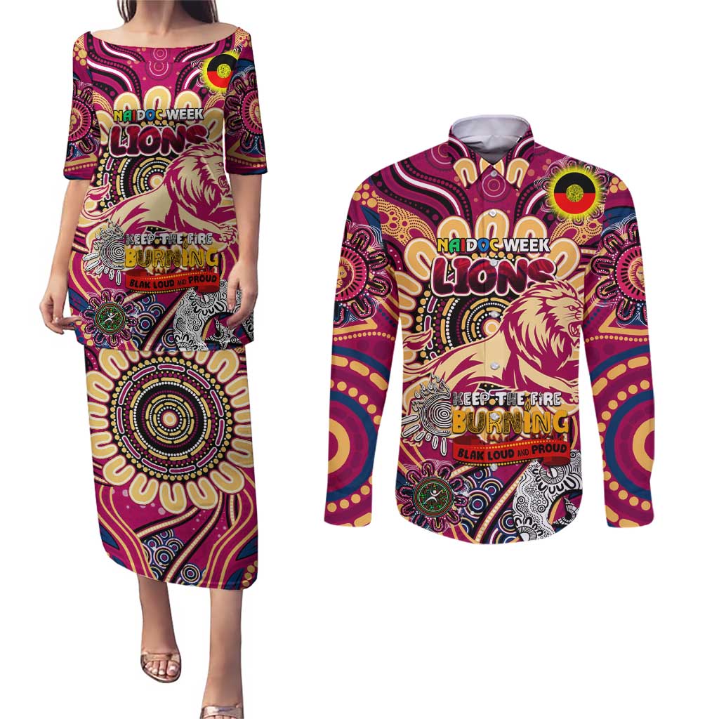 Custom Brisbane Lions NAIDOC Week 2024 Couples Matching Puletasi and Long Sleeve Button Shirt Mascot Football