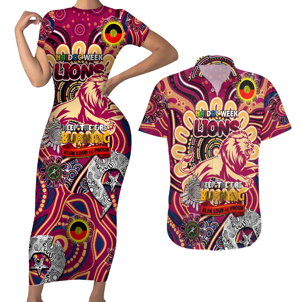 Custom Brisbane Lions NAIDOC Week 2024 Couples Matching Short Sleeve Bodycon Dress and Hawaiian Shirt Mascot Football