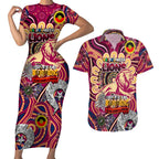 Custom Brisbane Lions NAIDOC Week 2024 Couples Matching Short Sleeve Bodycon Dress and Hawaiian Shirt Mascot Football