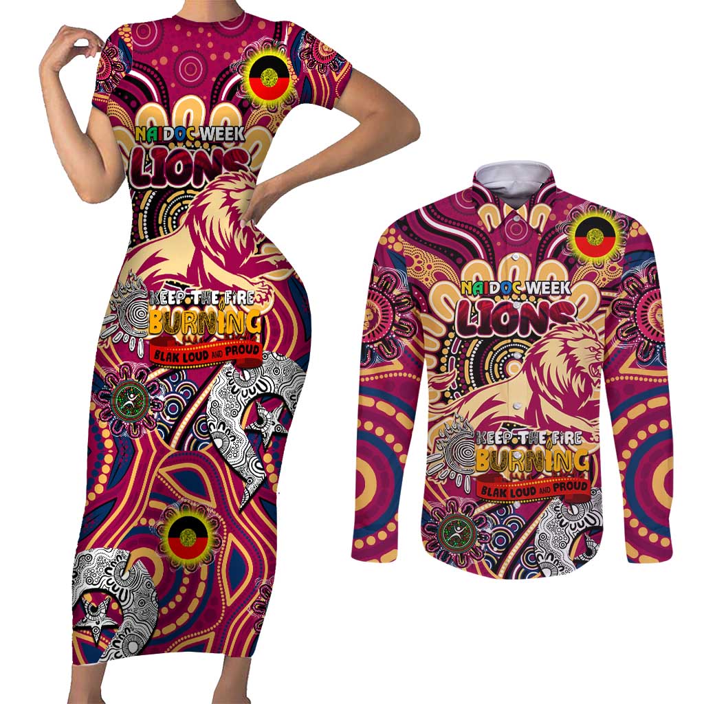 Custom Brisbane Lions NAIDOC Week 2024 Couples Matching Short Sleeve Bodycon Dress and Long Sleeve Button Shirt Mascot Football