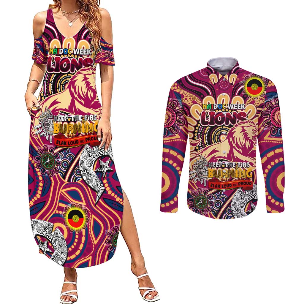 Custom Brisbane Lions NAIDOC Week 2024 Couples Matching Summer Maxi Dress and Long Sleeve Button Shirt Mascot Football
