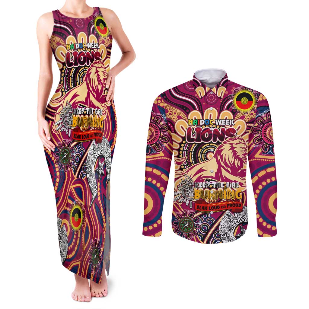 Custom Brisbane Lions NAIDOC Week 2024 Couples Matching Tank Maxi Dress and Long Sleeve Button Shirt Mascot Football