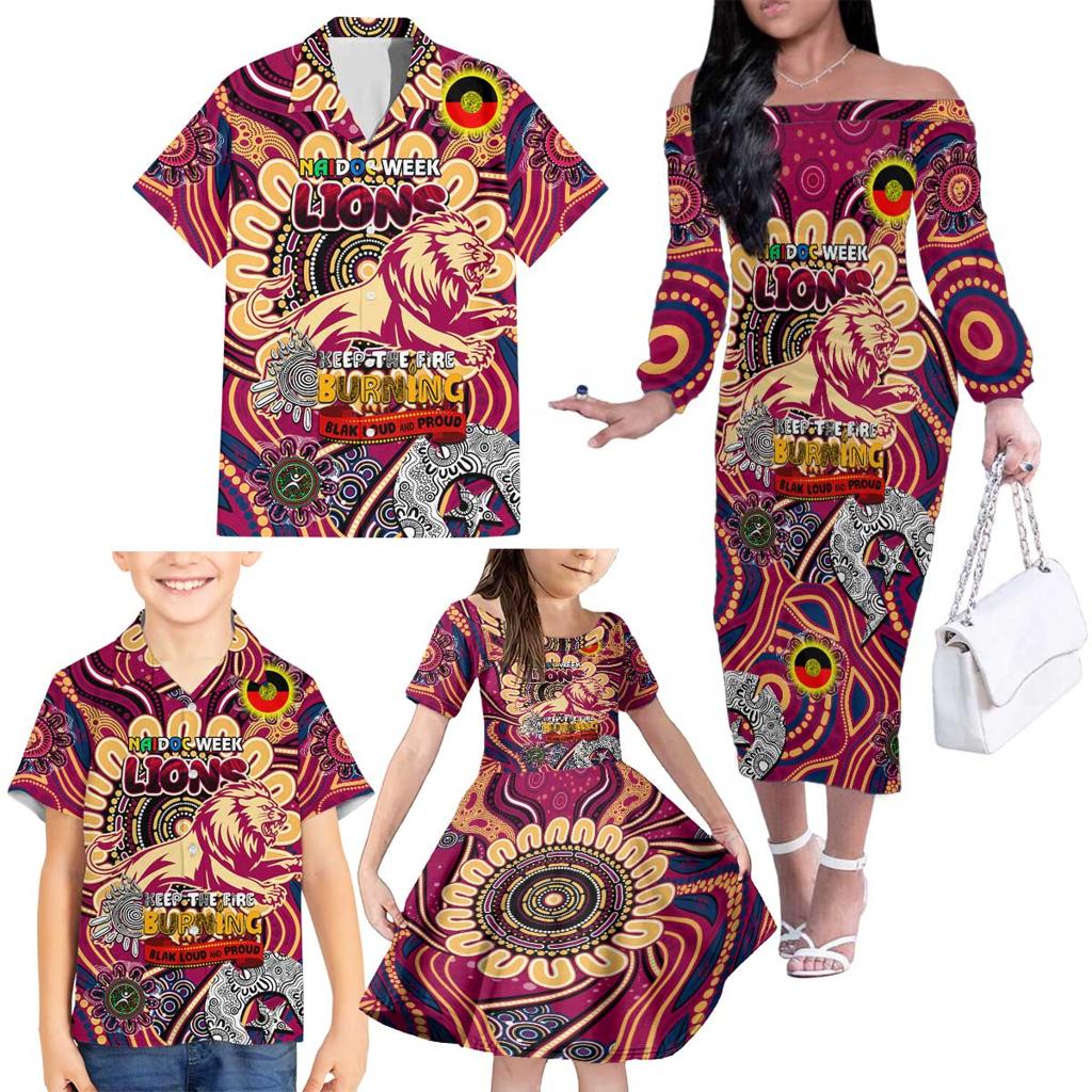 Custom Brisbane Lions NAIDOC Week 2024 Family Matching Off The Shoulder Long Sleeve Dress and Hawaiian Shirt Mascot Football