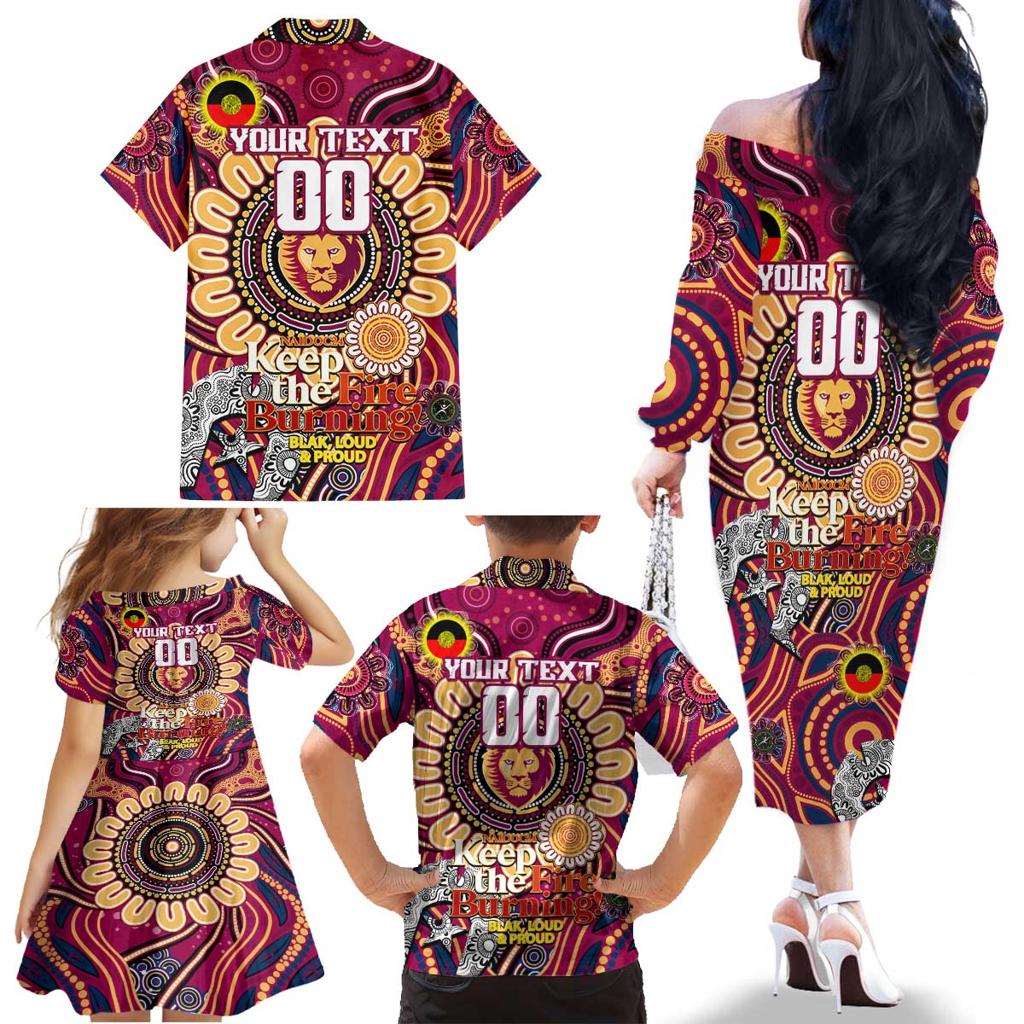 Custom Brisbane Lions NAIDOC Week 2024 Family Matching Off The Shoulder Long Sleeve Dress and Hawaiian Shirt Mascot Football