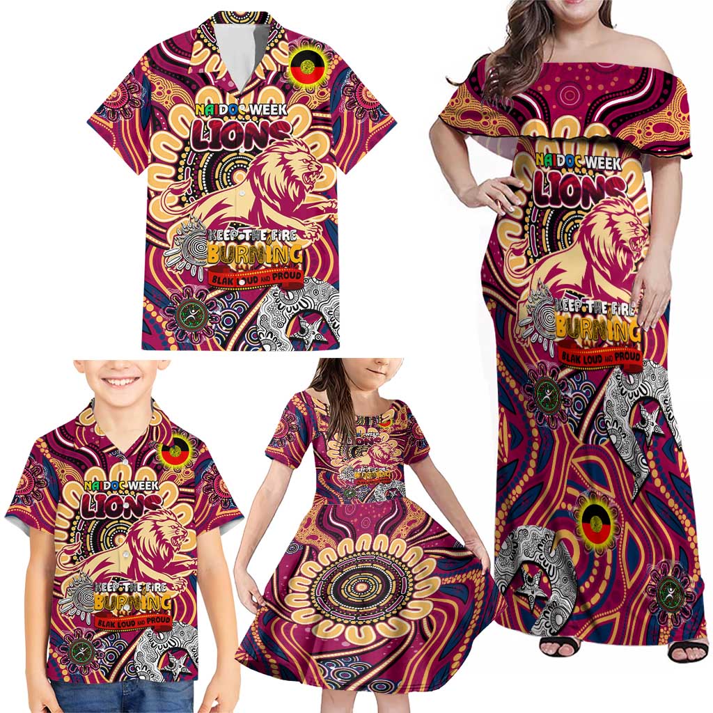 Custom Brisbane Lions NAIDOC Week 2024 Family Matching Off Shoulder Maxi Dress and Hawaiian Shirt Mascot Football