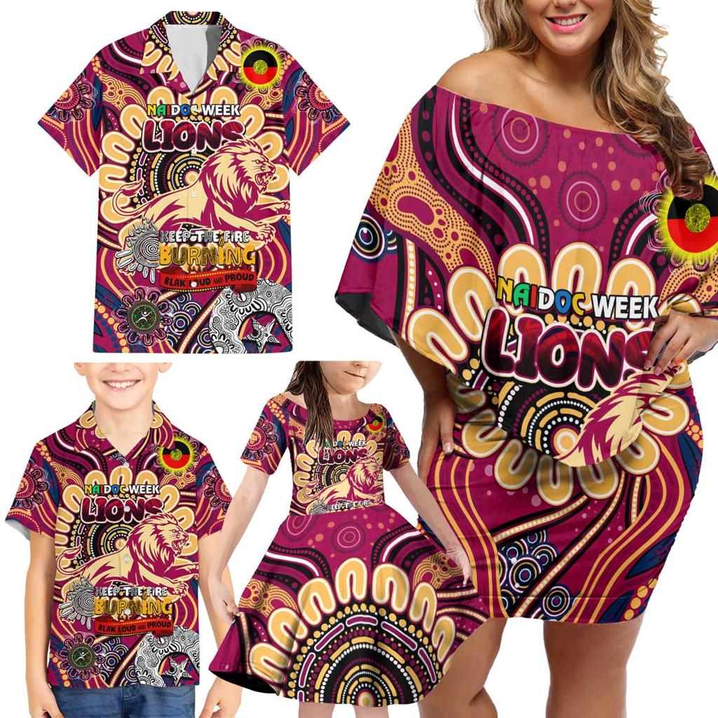 Custom Brisbane Lions NAIDOC Week 2024 Family Matching Off Shoulder Short Dress and Hawaiian Shirt Mascot Football