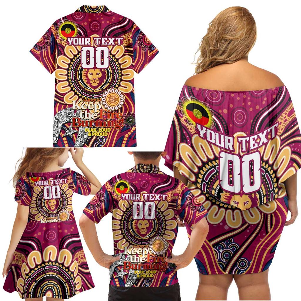 Custom Brisbane Lions NAIDOC Week 2024 Family Matching Off Shoulder Short Dress and Hawaiian Shirt Mascot Football