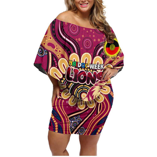 Custom Brisbane Lions NAIDOC Week 2024 Family Matching Off Shoulder Short Dress and Hawaiian Shirt Mascot Football