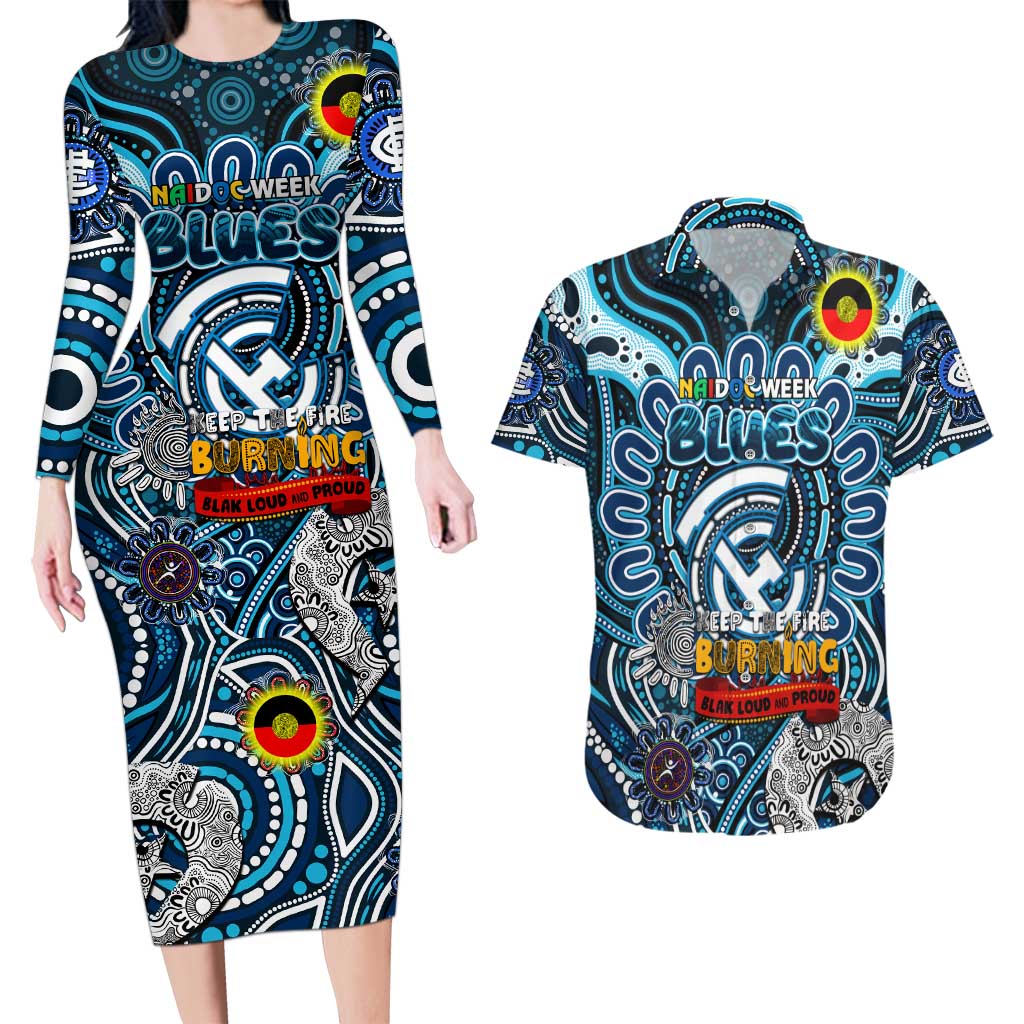 Custom Carlton Blues NAIDOC Week 2024 Couples Matching Long Sleeve Bodycon Dress and Hawaiian Shirt Mascot Football