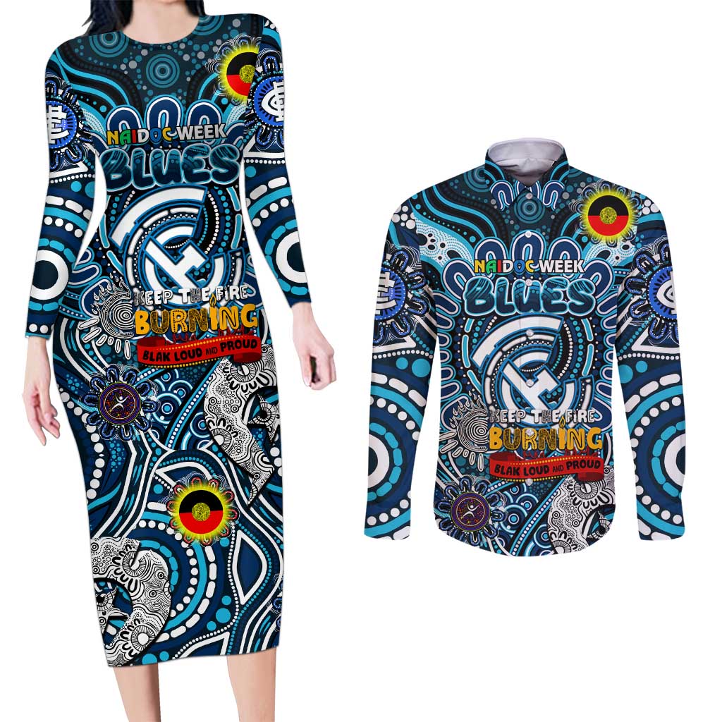 Custom Carlton Blues NAIDOC Week 2024 Couples Matching Long Sleeve Bodycon Dress and Long Sleeve Button Shirt Mascot Football