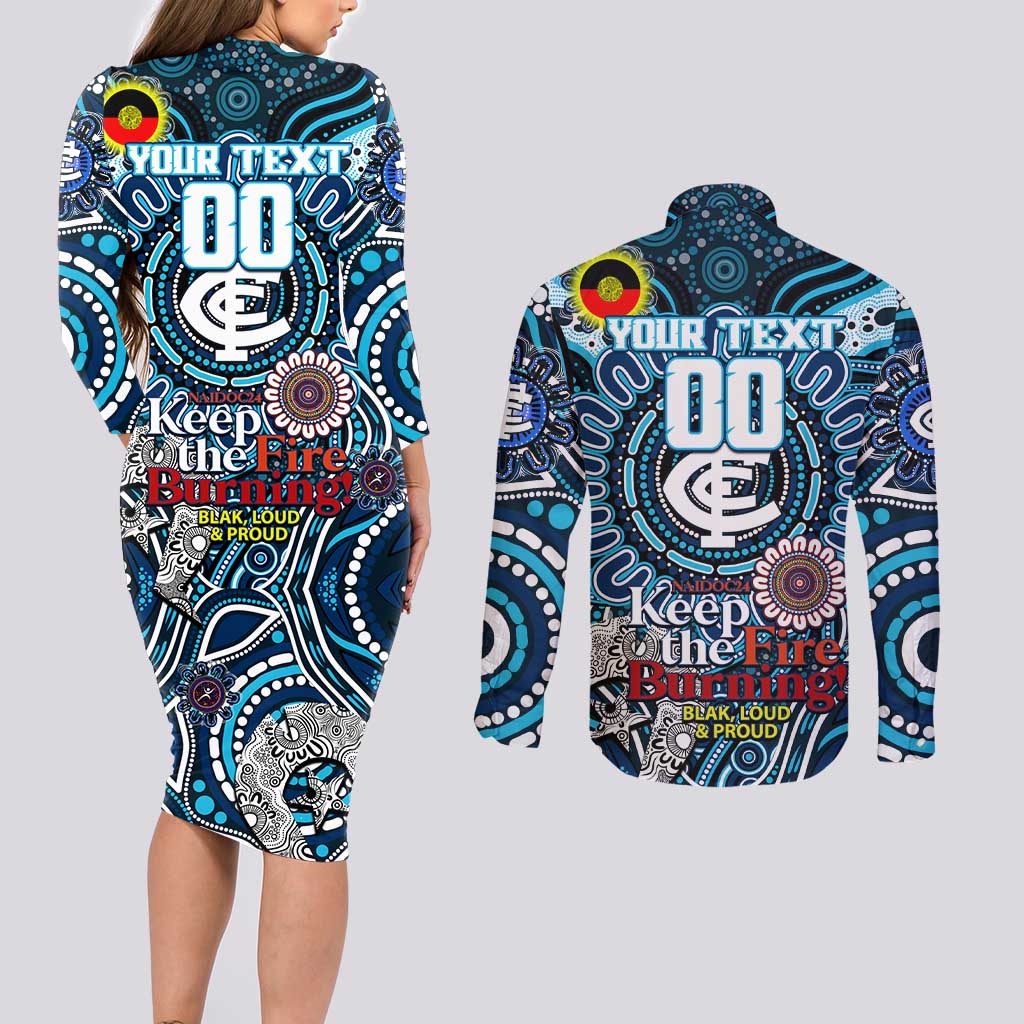 Custom Carlton Blues NAIDOC Week 2024 Couples Matching Long Sleeve Bodycon Dress and Long Sleeve Button Shirt Mascot Football